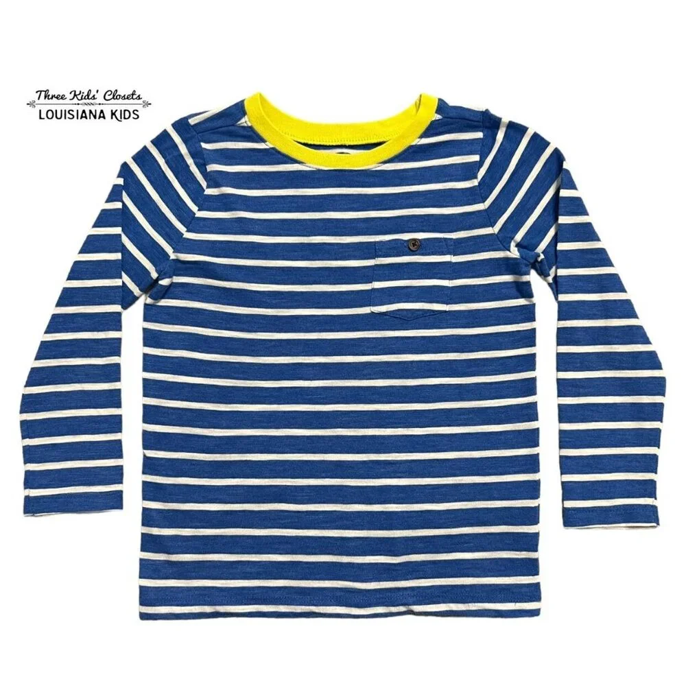 Old Navy 5T Blue & Yellow Striped Pocket Tee Shirt